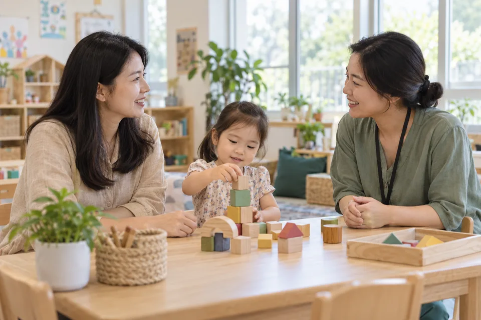 보호자와 발달 전문가가 아이의 놀이를 함께 살펴보는 가상 장면