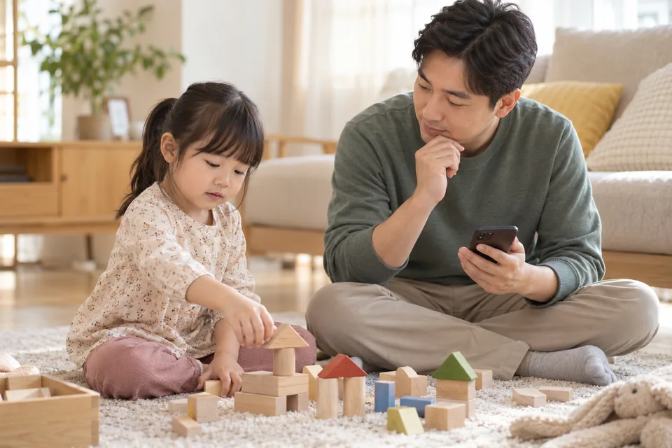 집에서 아이의 놀이를 지켜보며 일상을 기록하는 보호자의 가상 장면